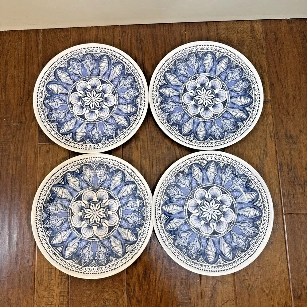Tommy Bahama Melamine 4 Set 11 Dinner Plates Blue Sea Shell Conch Beach Nautical